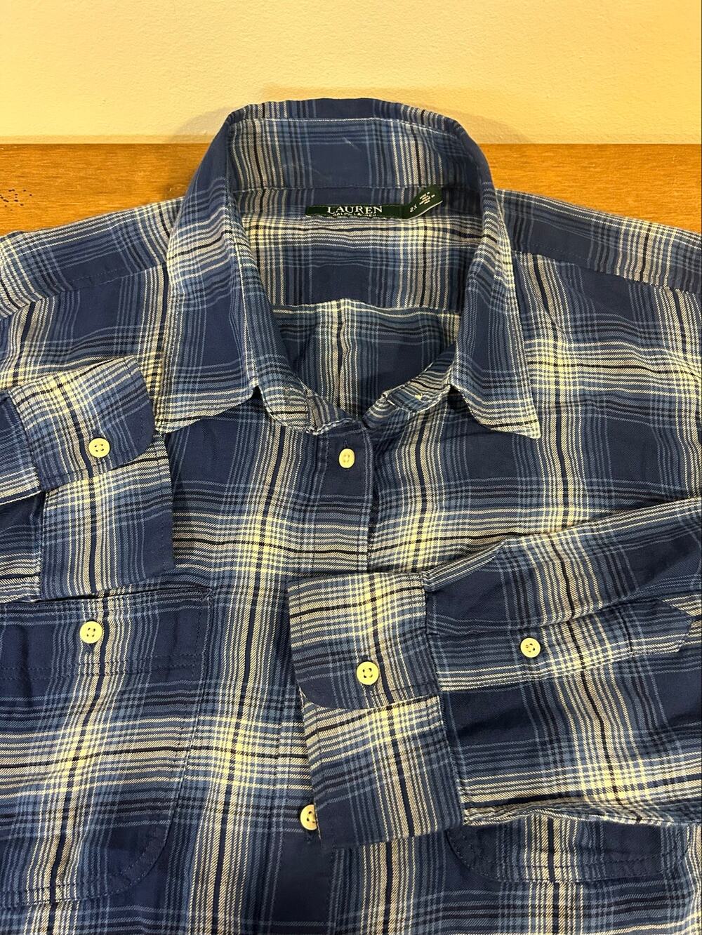 Lauren Ralph Lauren 2X Blue Plaid Point Collar Chest Pocket Western Cowgirl Prep